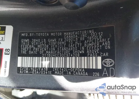 2013 Toyota Corolla L из США, поврежденный, VIN 2T1BU4EE9DC974208